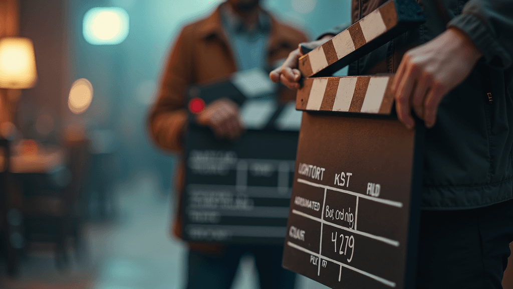 Clapperboard on a film set ready for a take