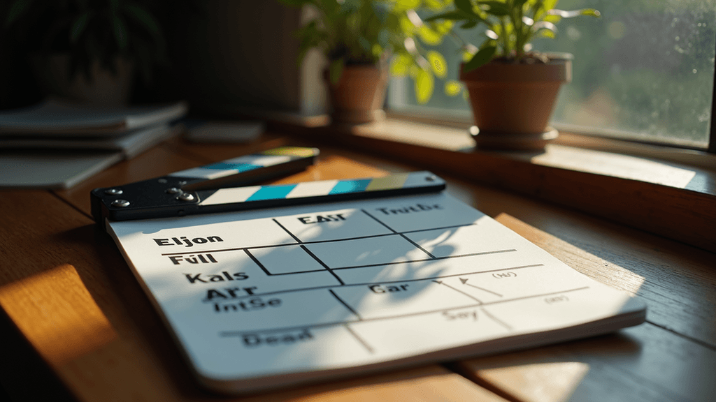 Film clapperboard on a wooden table